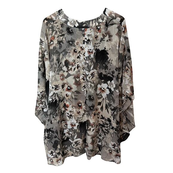 Catherines Blouse Womens 3X Beige Neutral Floral Sheer Boho Cape Sleeve Pullover - Picture 3 of 8